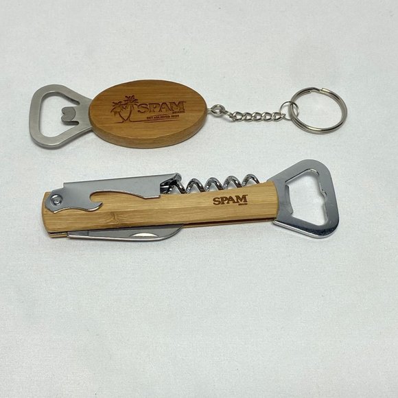 Set of 2  Spam Advertising Wood Metal Keychain Bottle Opener and Multi Tool - Picture 1 of 11